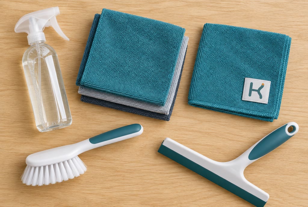 Folded cloths and cleaning tools on a pale wood surface