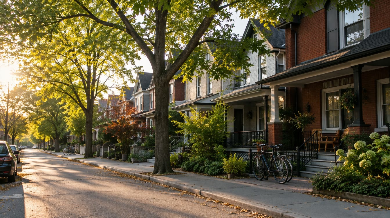 AI-generated leafy residential street with porches and bicycles