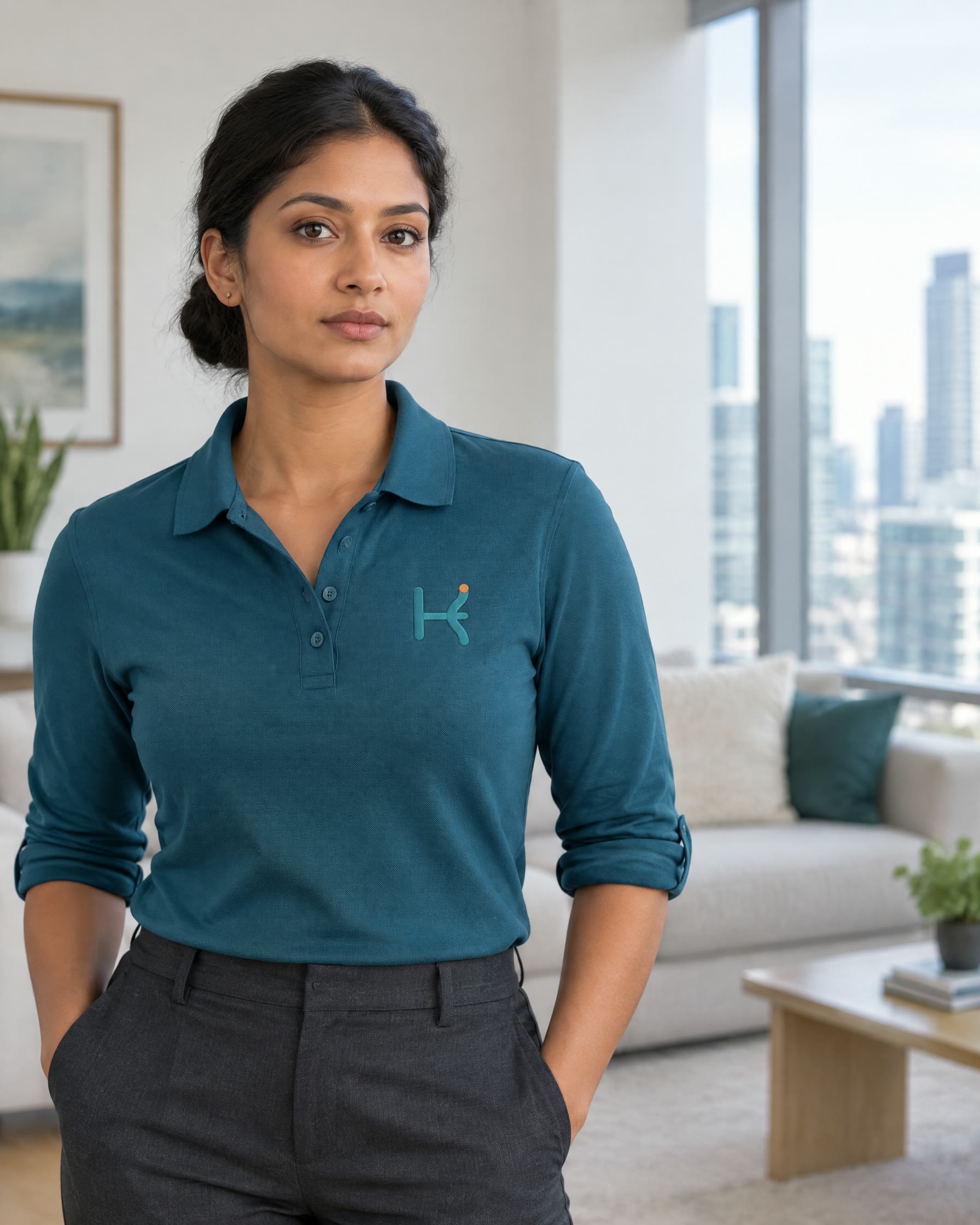 Synthetic cleaner wearing a Harbourline uniform; not a real staff member