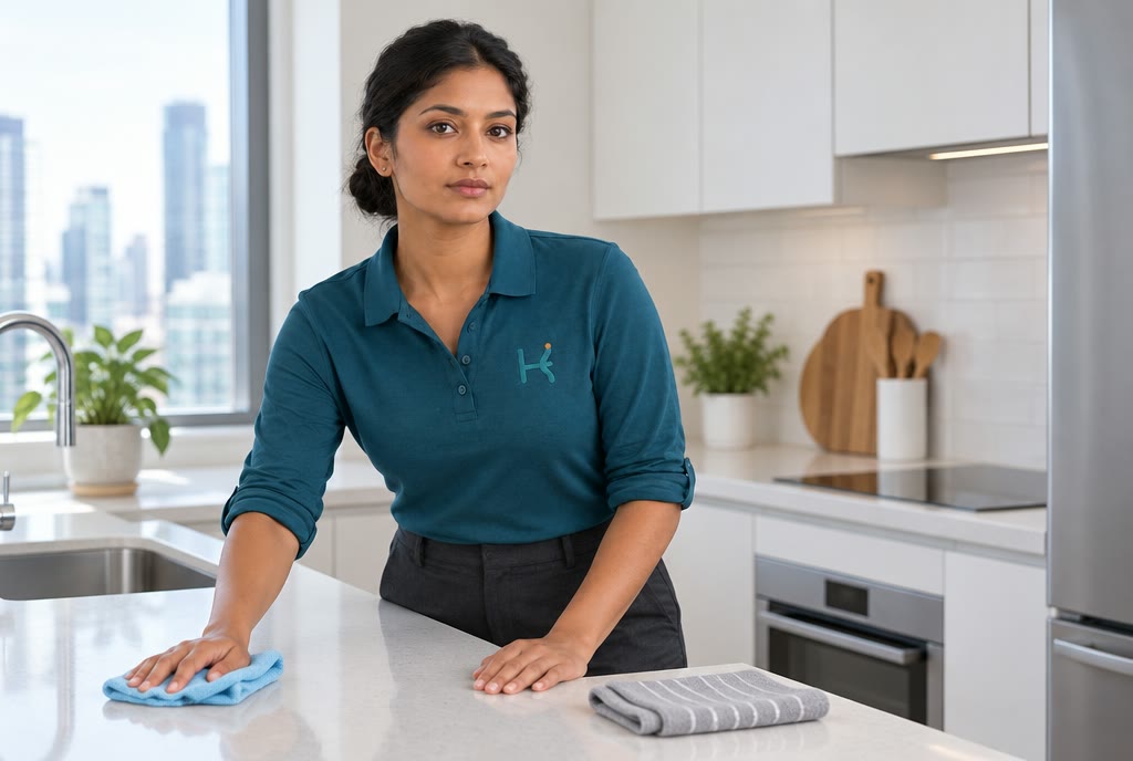 Illustrative cleaner wiping a kitchen counter